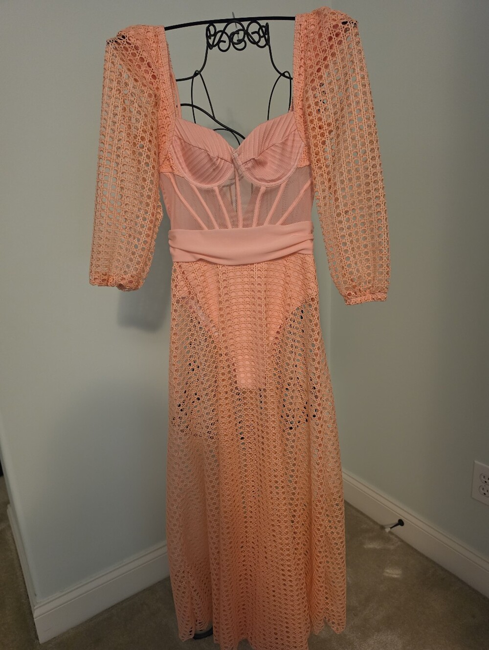 Peach Crochet Maxi Dress/ Swim  with Sheer Panels